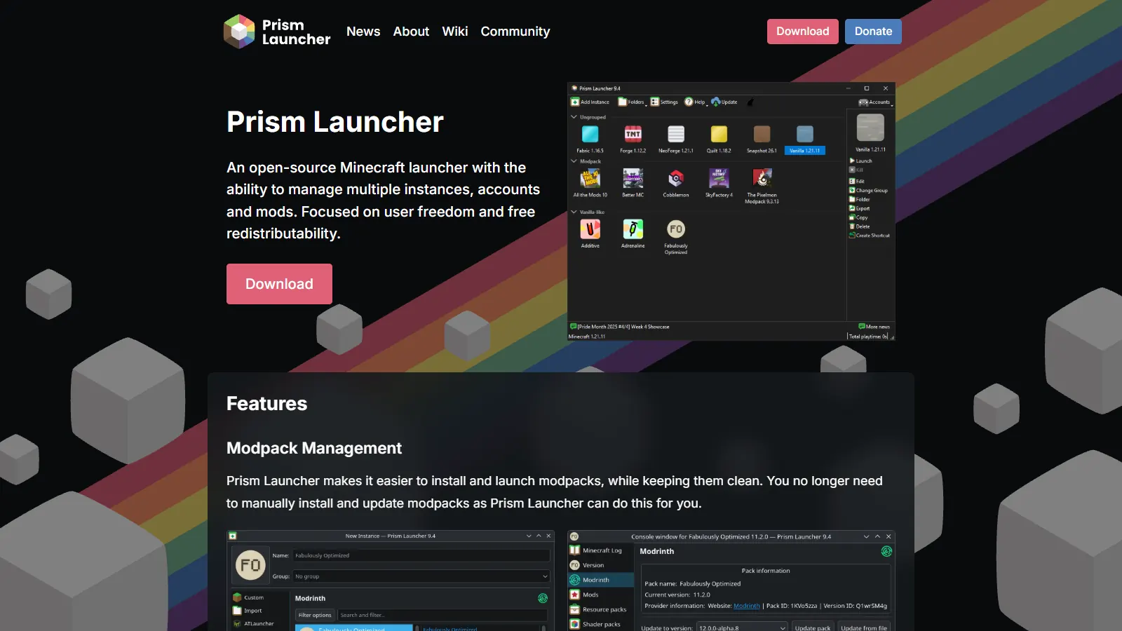 Prism Launcher homepage, a Minecraft launcher for managing multiple accounts and instances