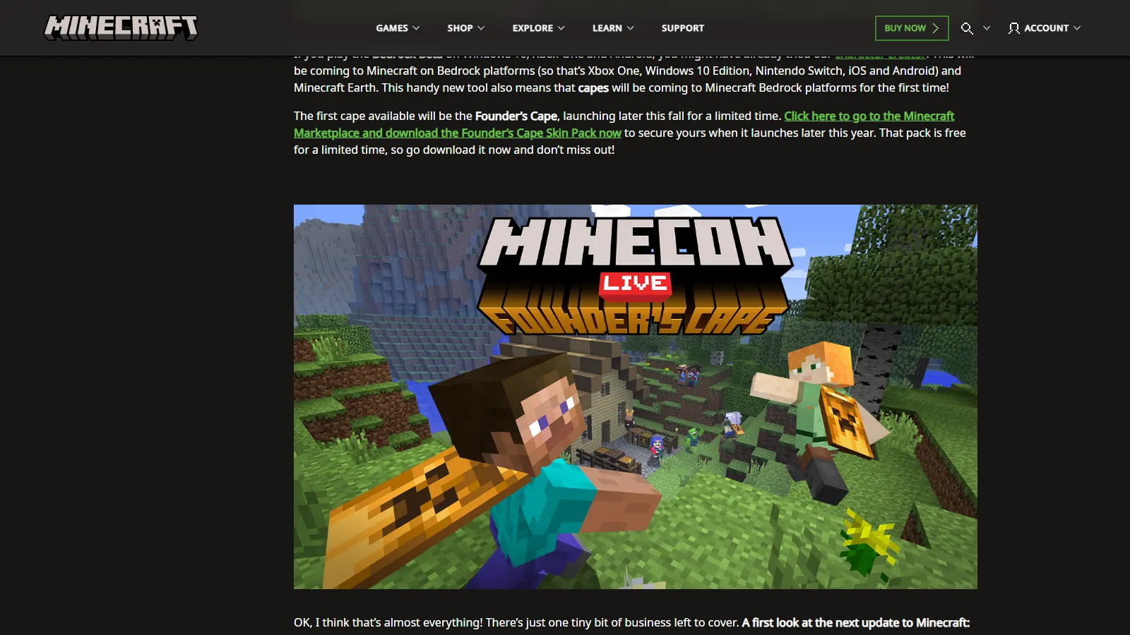 Official MINECON Live 2019 Founder's Cape key art on Minecraft.net, showing Steve and Alex wearing the gold creeper cape