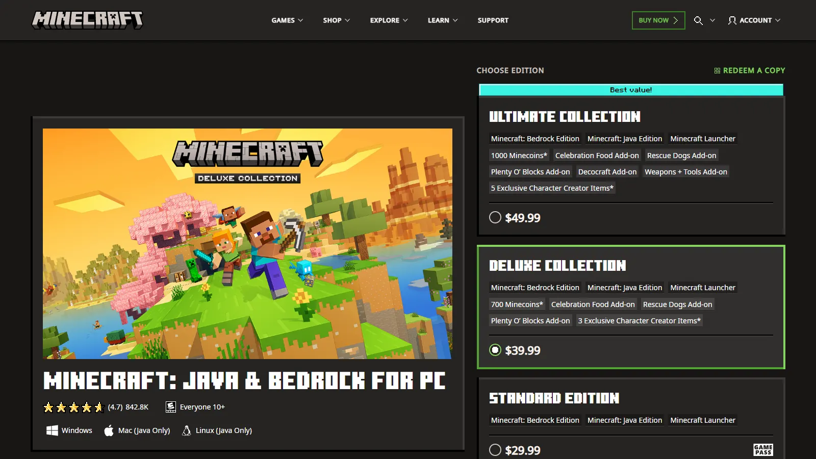 Minecraft.net store showing Minecraft Java & Bedrock for PC prices: Standard, Deluxe and Ultimate editions