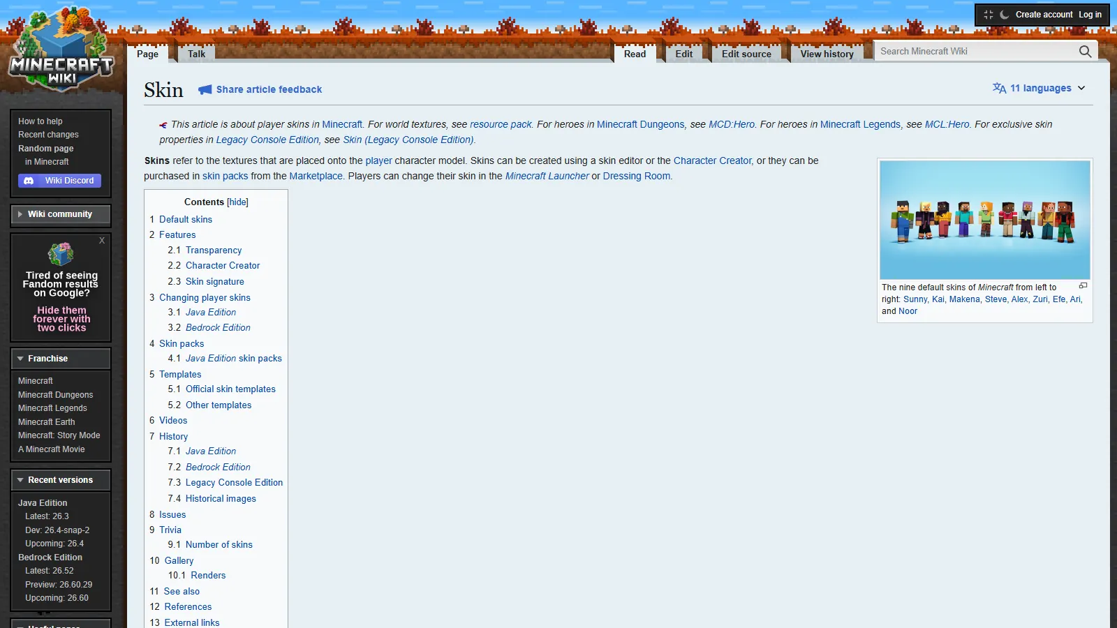 Minecraft Wiki Skin page showing the nine default skins, a guide to change your Minecraft skin