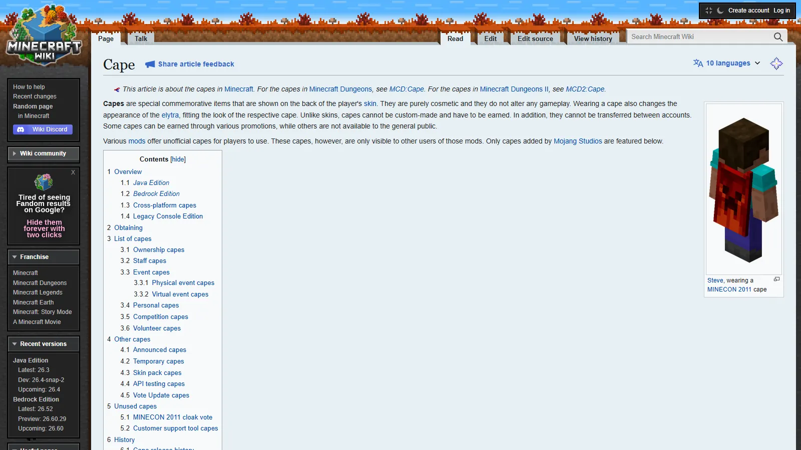 Minecraft Wiki Cape page with Steve wearing a MINECON 2011 cape, how to get a cape in Minecraft Java
