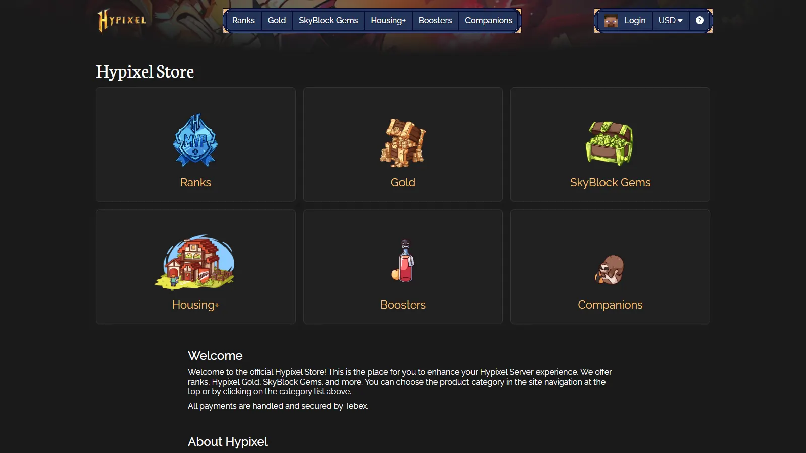 Official Hypixel Store homepage with Ranks, Gold and SkyBlock Gems tiles, where you buy a Hypixel rank