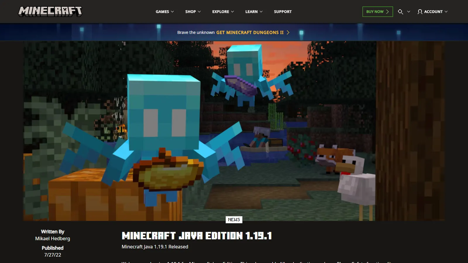 Minecraft Java Edition 1.19.1 article hero, the update that added Mojang player reporting and chat bans