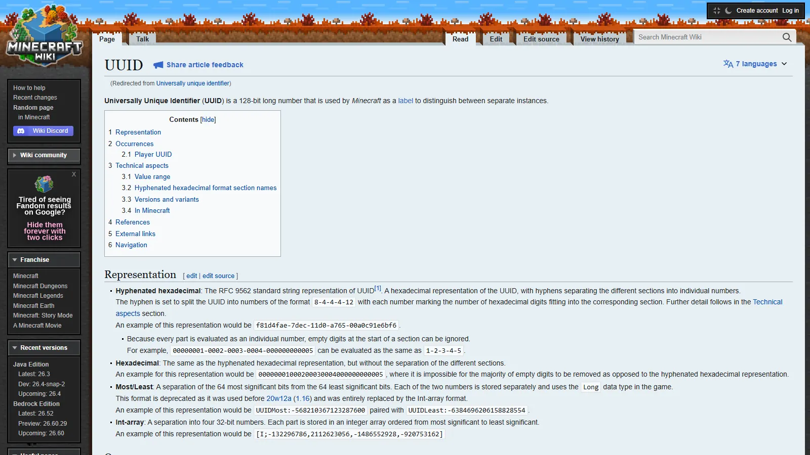 Minecraft Wiki UUID page explaining the Minecraft UUID format with hyphenated hexadecimal examples