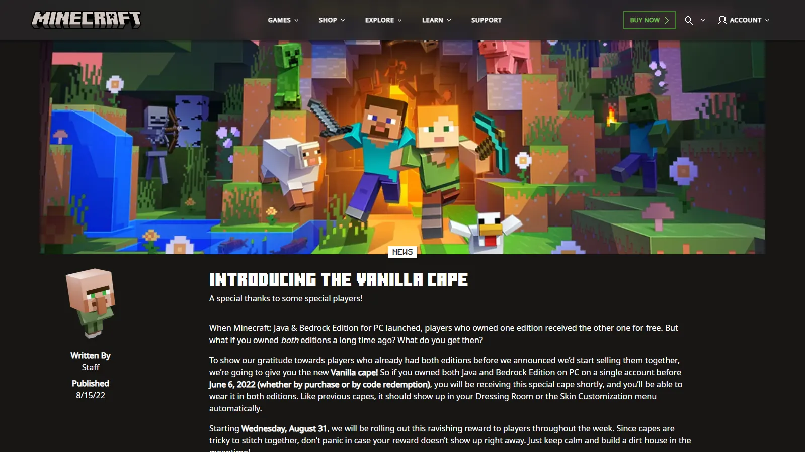 Minecraft.net article introducing the Vanilla cape, one of the rare Minecraft capes given to Java and Bedrock owners