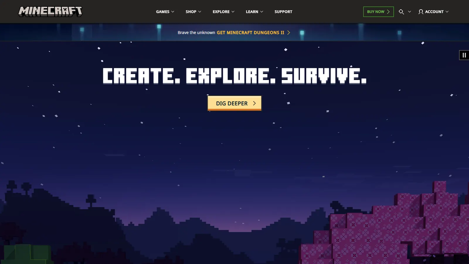 Minecraft.net 'Create. Explore. Survive.' hero, the game every Minecraft alt account owns a separate copy of