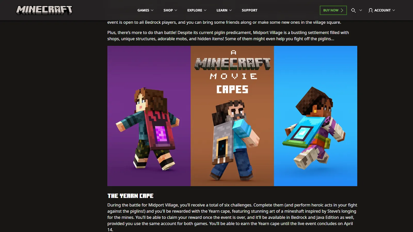 Official A Minecraft Movie capes art on Minecraft.net: Steve wearing the Yearn cape between the Menace and Home capes